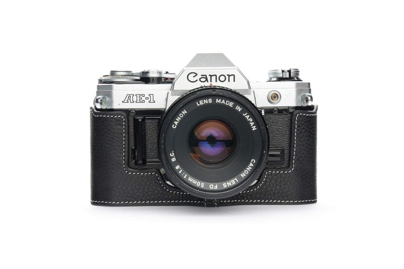 BolinUS A-1 Case, BolinUS Handmade Genuine Real Leather Half Camera Case Bag Cover for Canon AE-1 A-1 (NO Handle) Camera with Hand Strap (Black) - Image 1